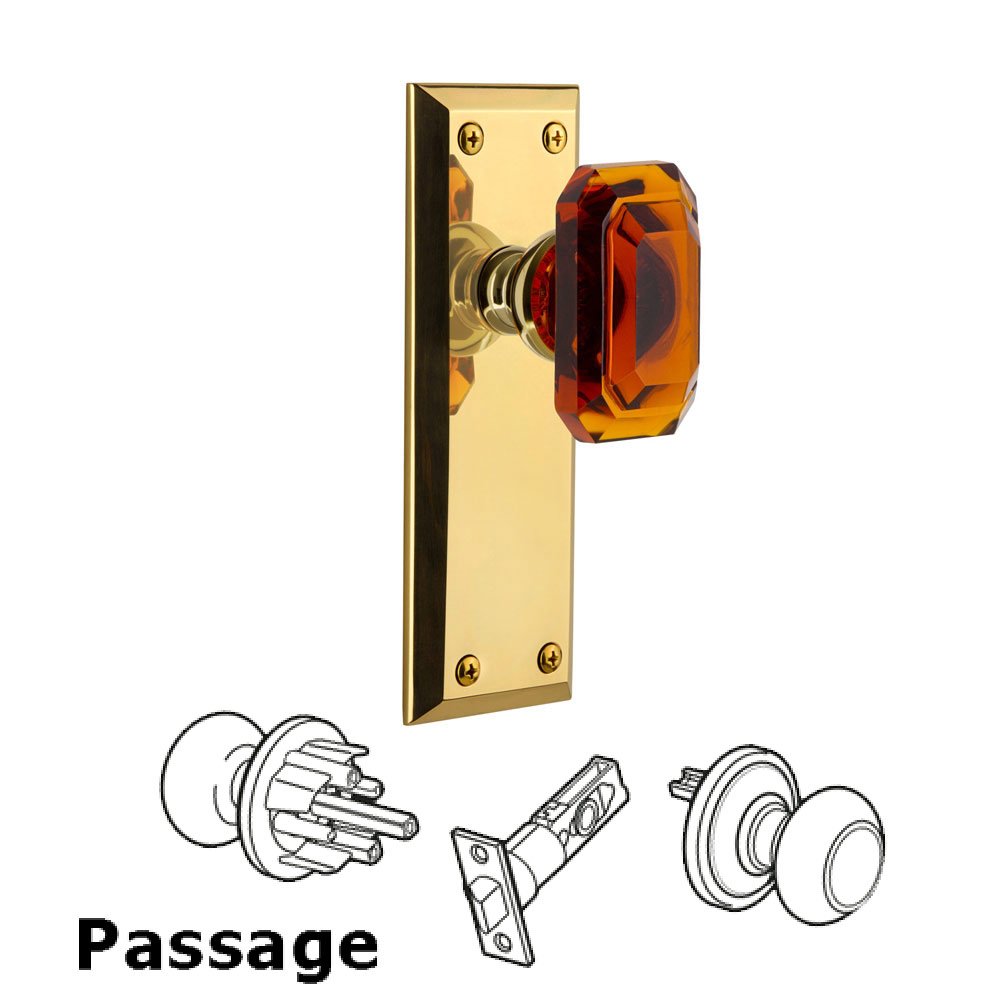 Grandeur Fifth Avenue - Passage Knob with Baguette Amber Crystal Knob in Polished Brass