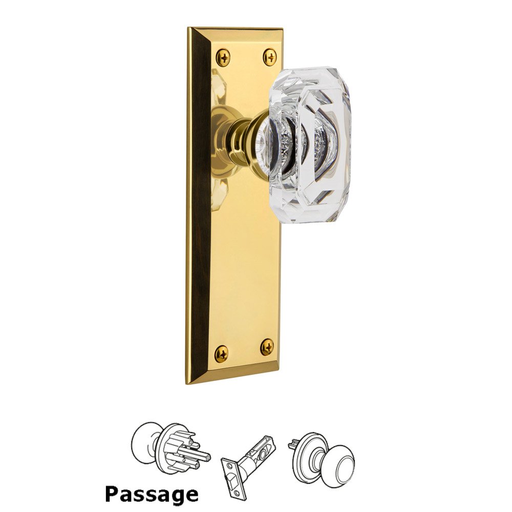 Grandeur Fifth Avenue - Passage Knob with Baguette Clear Crystal Knob in Polished Brass