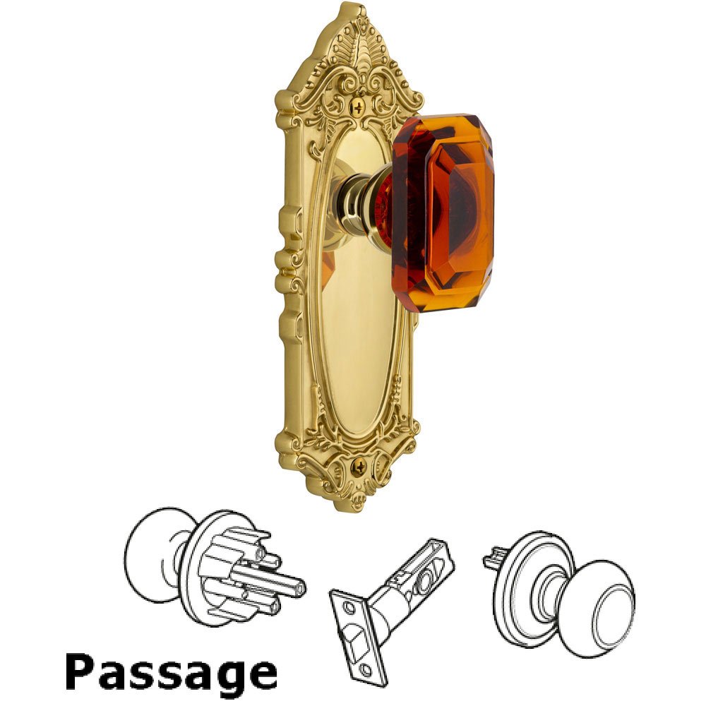 Grandeur Grande Victorian - Passage Knob with Baguette Amber Crystal Knob in Polished Brass