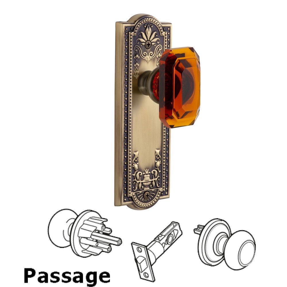 Grandeur Parthenon - Passage Knob with Baguette Amber Crystal Knob in Vintage Brass