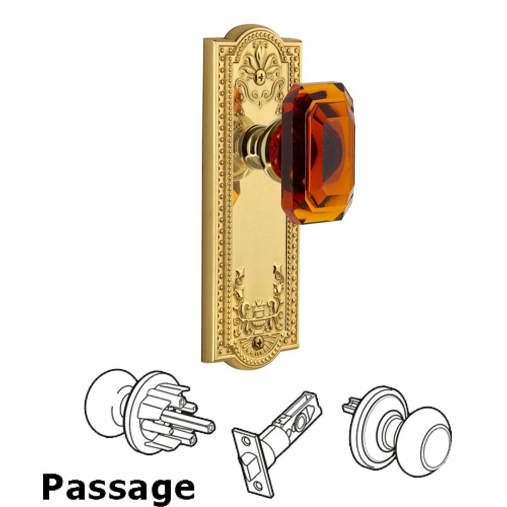 Grandeur Parthenon - Passage Knob with Baguette Amber Crystal Knob in Polished Brass