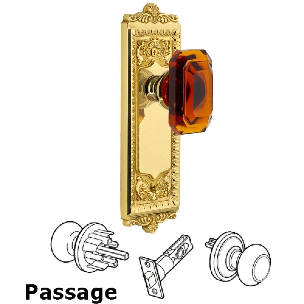 Grandeur Windsor - Passage Knob with Baguette Amber Crystal Knob in Polished Brass