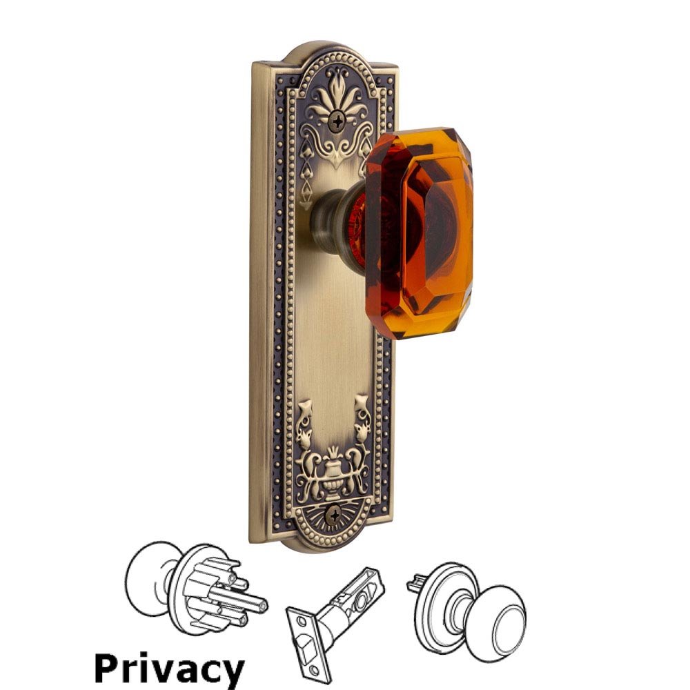 Grandeur Parthenon - Privacy Knob with Baguette Amber Crystal Knob in Vintage Brass