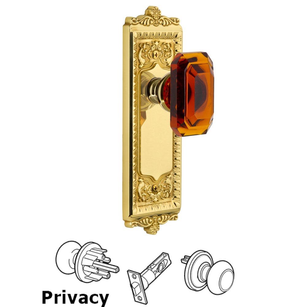 Grandeur Windsor - Privacy Knob with Baguette Amber Crystal Knob in Polished Brass