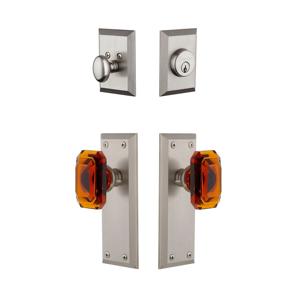 Grandeur Fifth Avenue Plate With Amber Baguette Crystal Knob & Matching Deadbolt In Satin Nickel