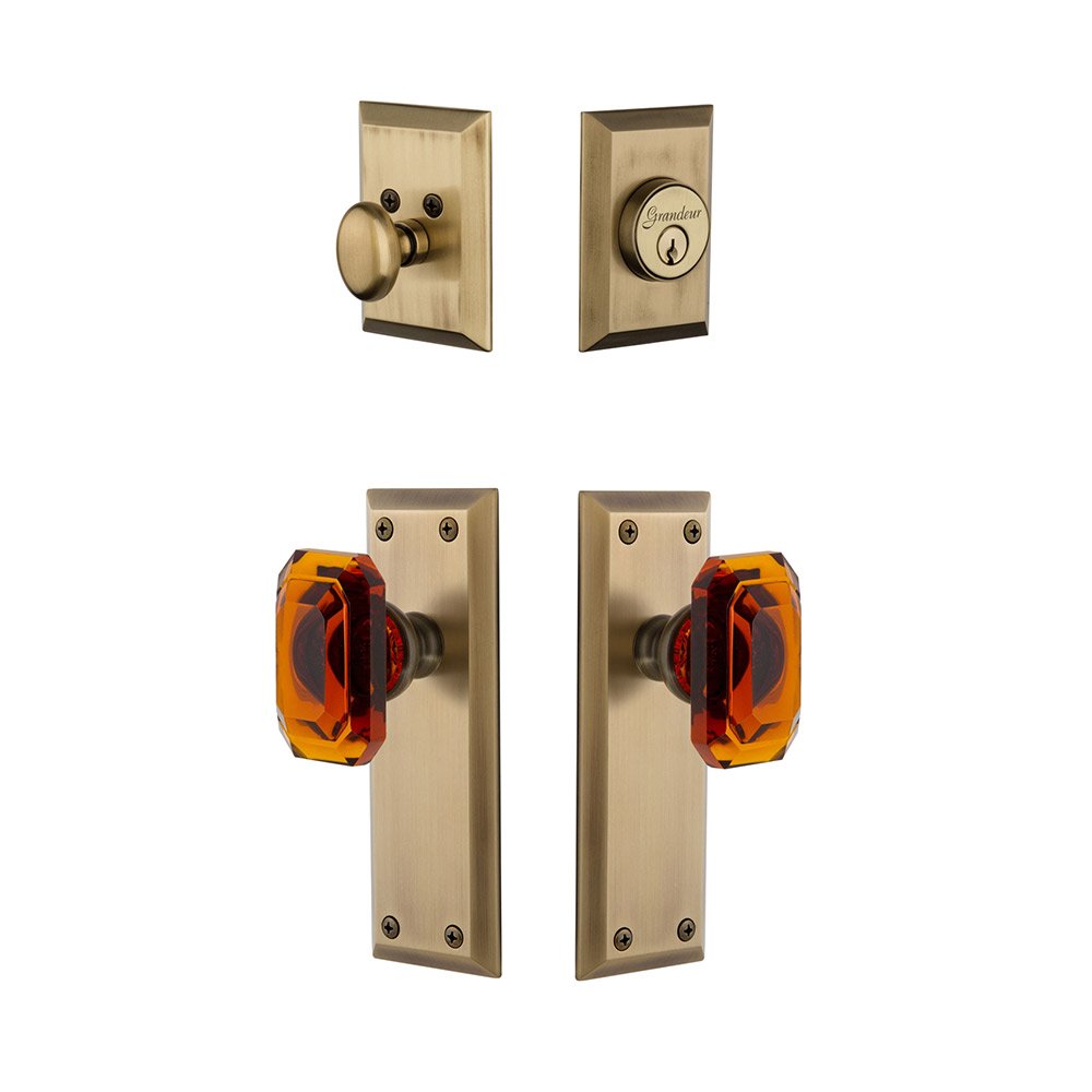 Grandeur Fifth Avenue Plate With Amber Baguette Crystal Knob & Matching Deadbolt In Vintage Brass