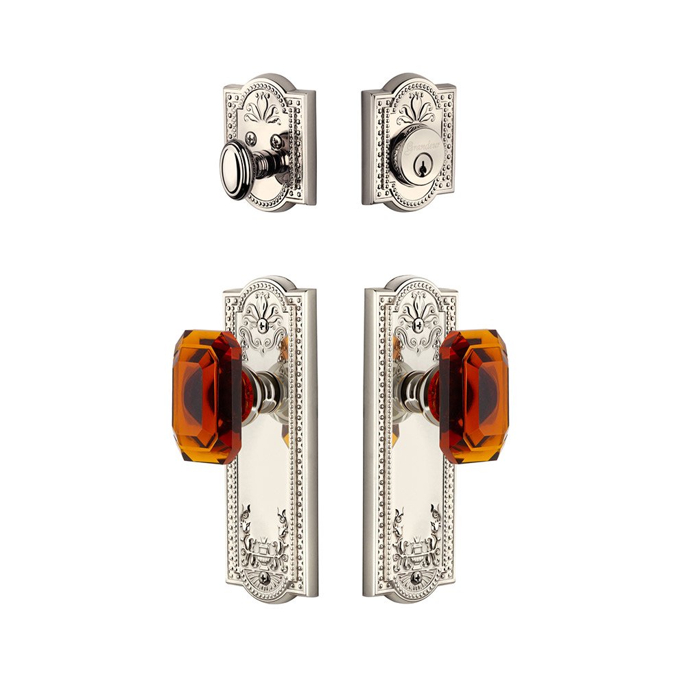 Grandeur Parthenon Plate With Amber Baguette Crystal Knob & Matching Deadbolt In Polished Nickel