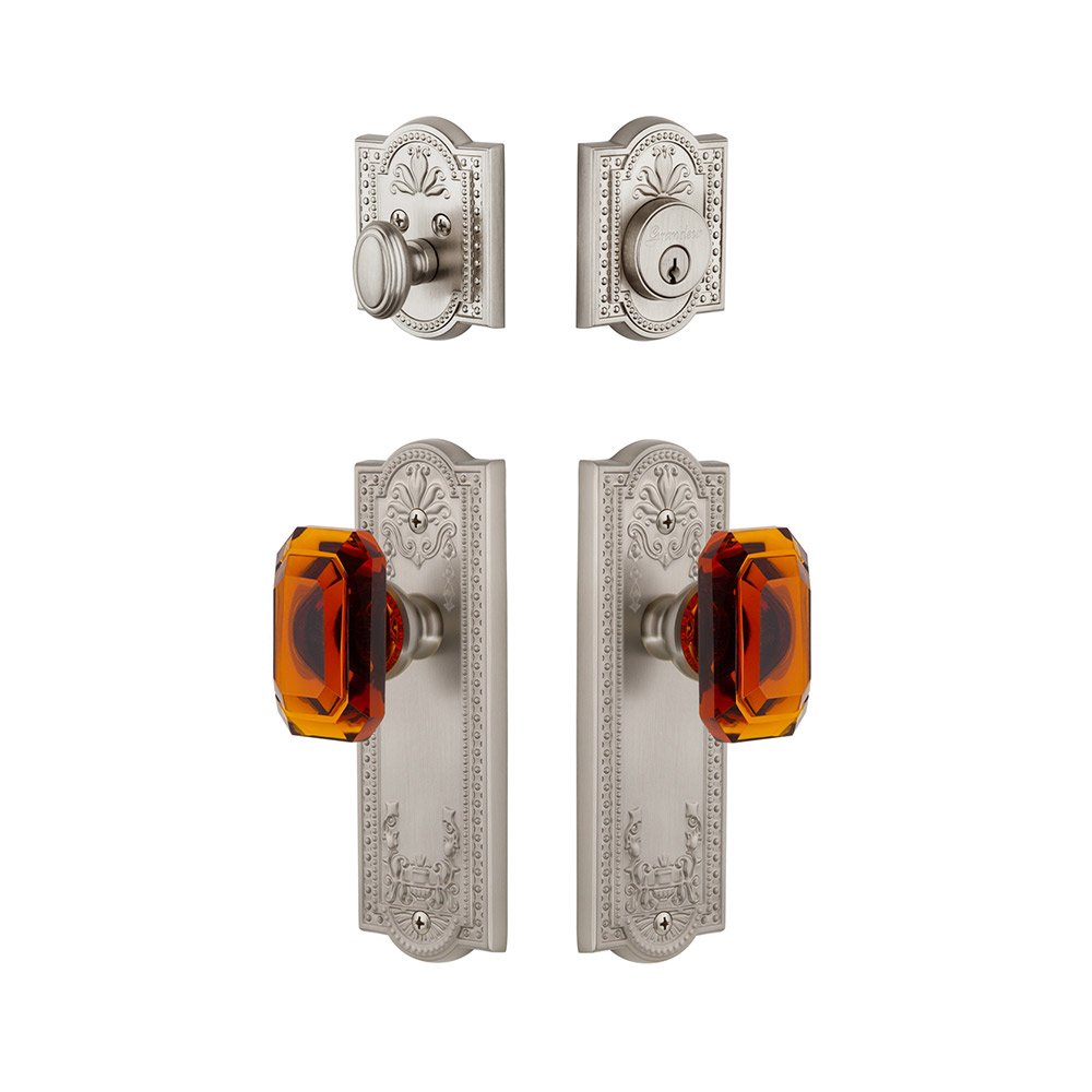 Grandeur Parthenon Plate With Amber Baguette Crystal Knob & Matching Deadbolt In Satin Nickel