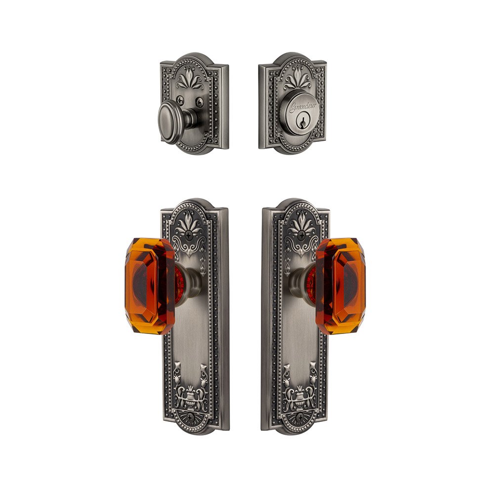Grandeur Parthenon Plate With Amber Baguette Crystal Knob & Matching Deadbolt In Antique Pewter