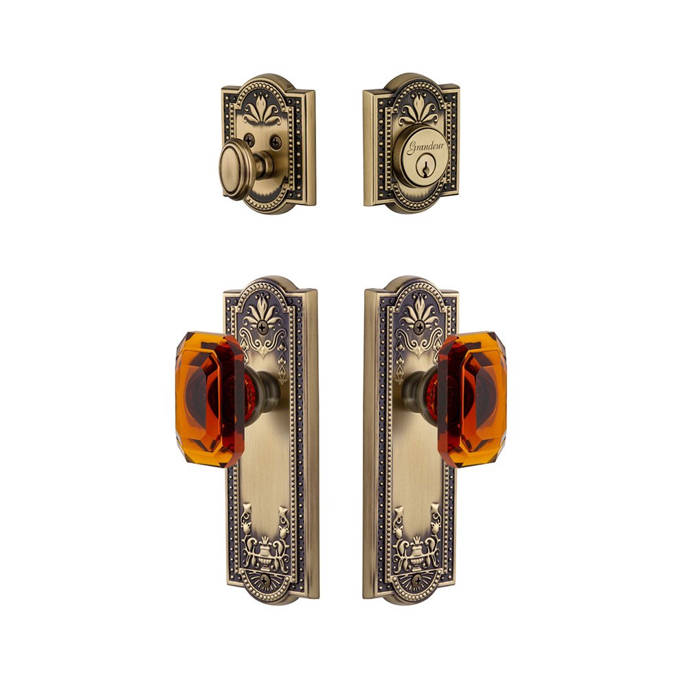 Grandeur Parthenon Plate With Amber Baguette Crystal Knob & Matching Deadbolt In Vintage Brass