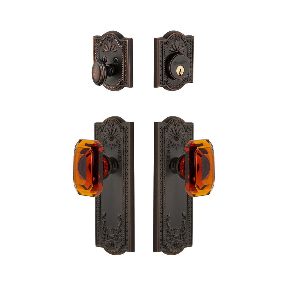 Grandeur Parthenon Plate With Amber Baguette Crystal Knob & Matching Deadbolt In Timeless Bronze