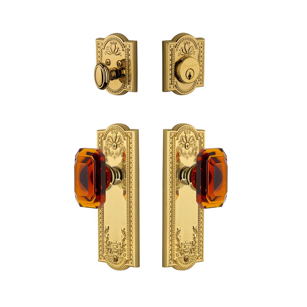 Grandeur Parthenon Plate With Amber Baguette Crystal Knob & Matching Deadbolt In Lifetime Brass