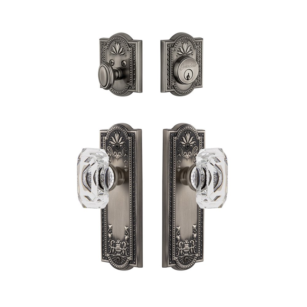Grandeur Parthenon Plate With Baguette Crystal Knob & Matching Deadbolt In Antique Pewter