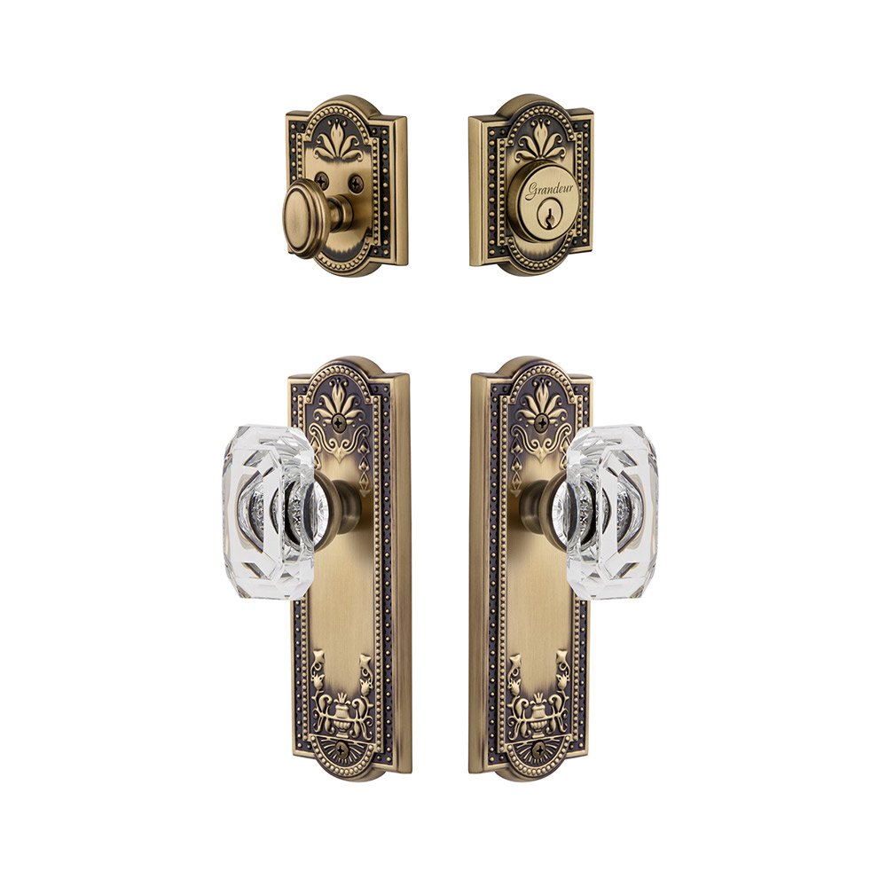 Grandeur Parthenon Plate With Baguette Crystal Knob & Matching Deadbolt In Vintage Brass