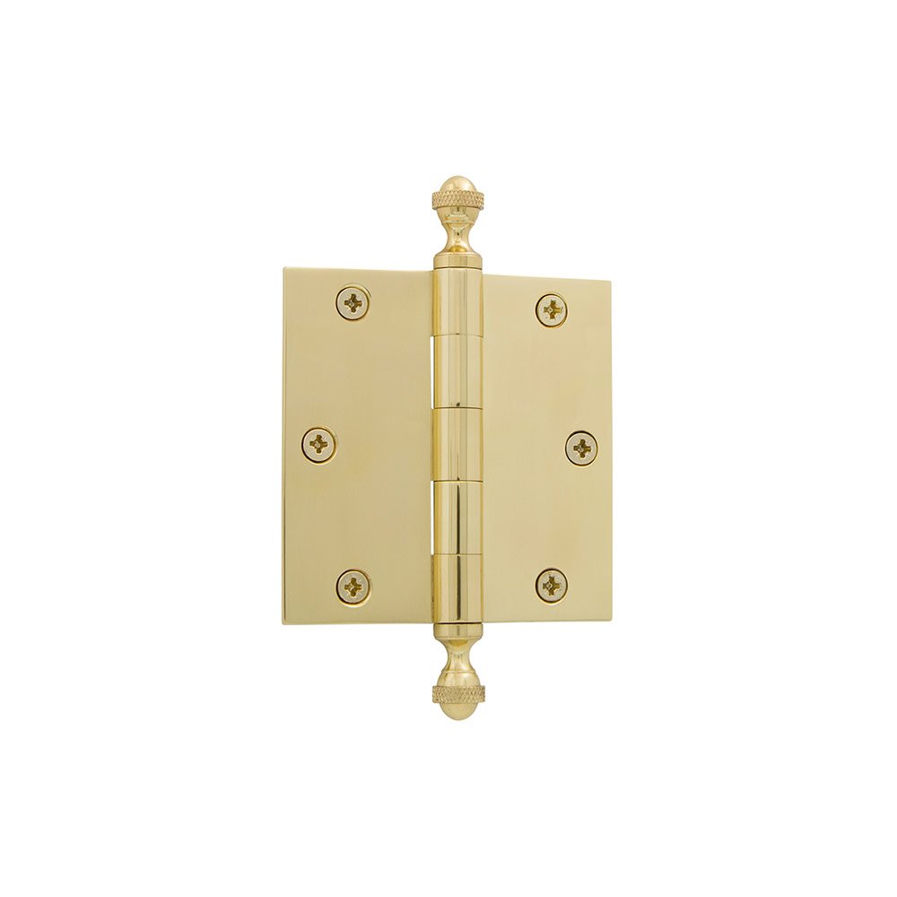 Grandeur 3 1/2" Acorn Tip Residential Hinge with Square Corners in Polished Brass