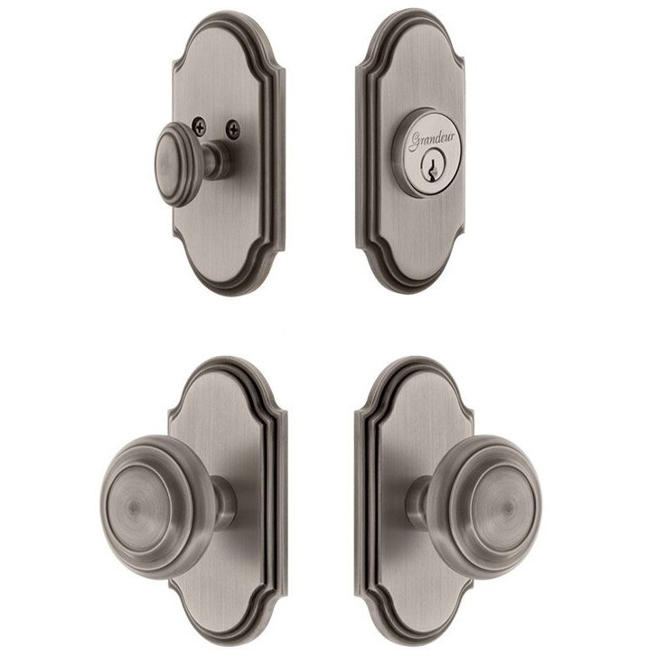 Grandeur Handleset - Arc Plate With Circulaire Knob & Matching Deadbolt In Antique Pewter