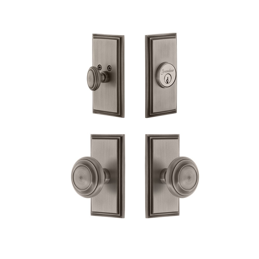 Grandeur Handleset - Carre Plate With Circulaire Knob & Matching Deadbolt In Antique Pewter