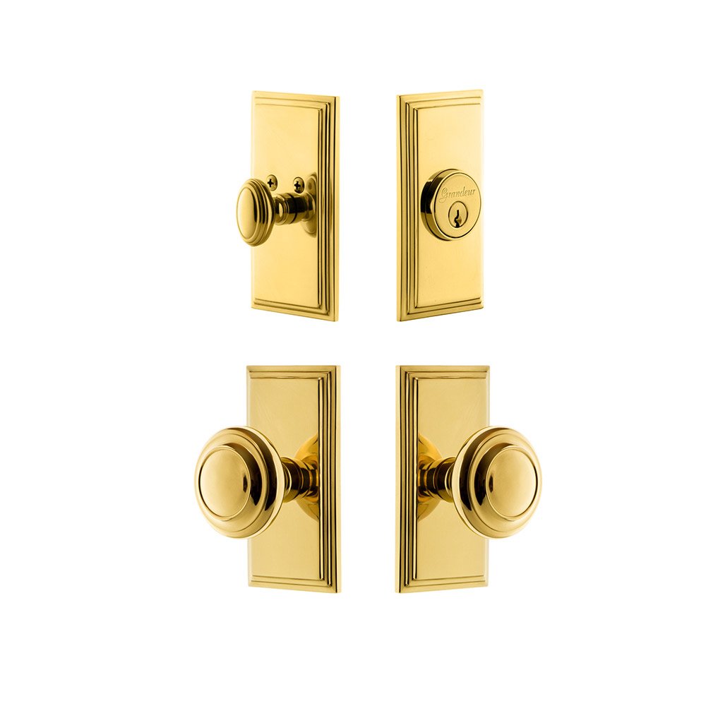 Grandeur Handleset - Carre Plate With Circulaire Knob & Matching Deadbolt In Lifetime Brass