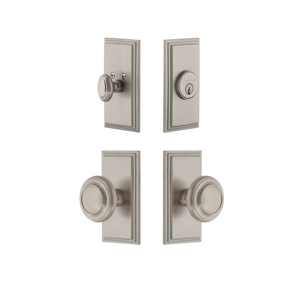 Grandeur Handleset - Carre Plate With Circulaire Knob & Matching Deadbolt In Satin Nickel