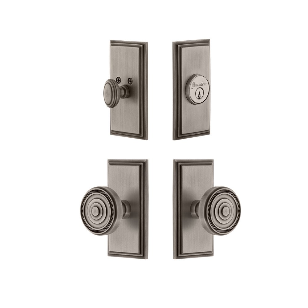 Grandeur Handleset - Carre Plate With Soleil Knob & Matching Deadbolt In Antique Pewter