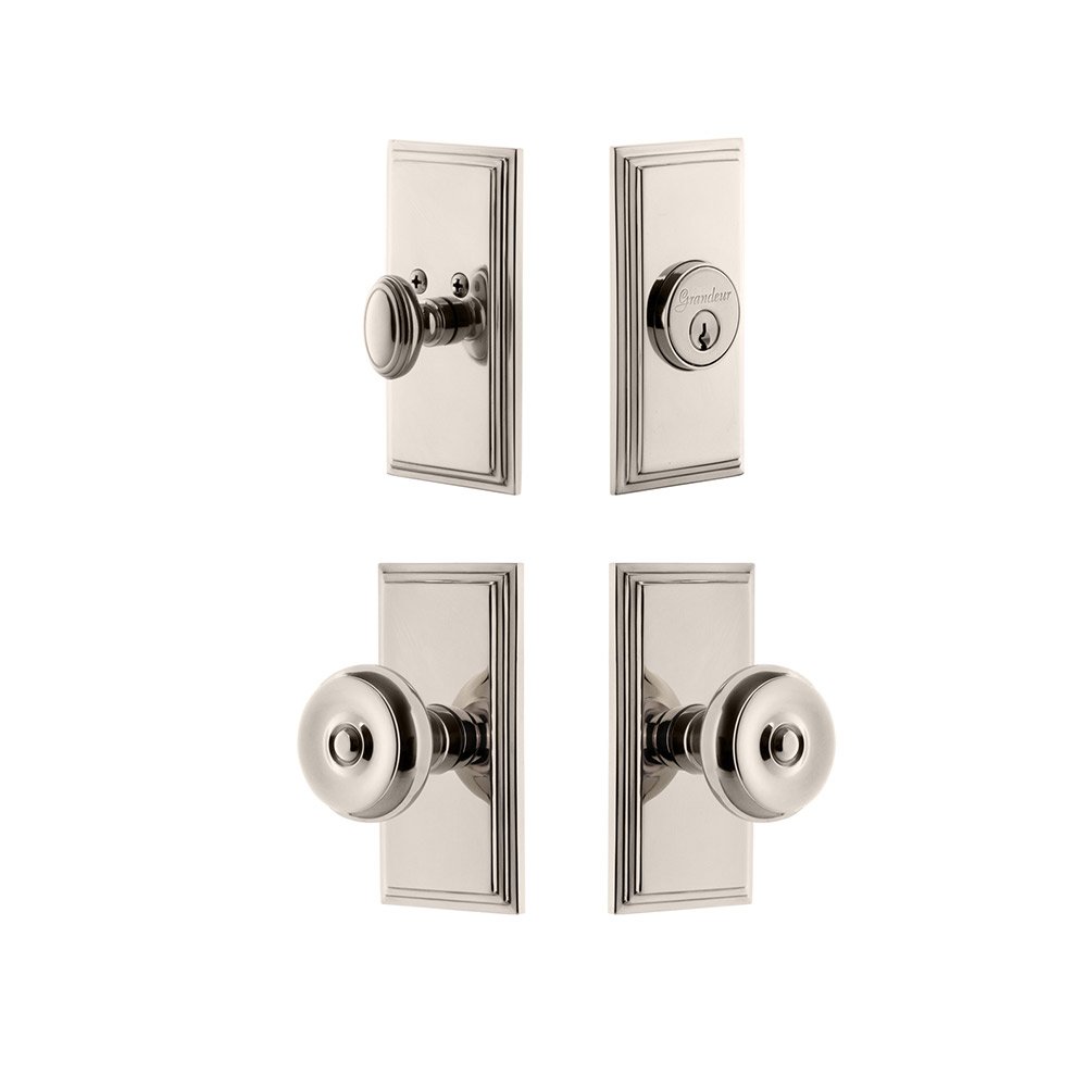 Grandeur Handleset - Carre Plate With Bouton Knob & Matching Deadbolt In Polished Nickel