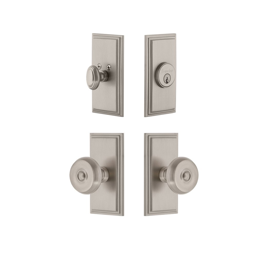 Grandeur Handleset - Carre Plate With Bouton Knob & Matching Deadbolt In Satin Nickel