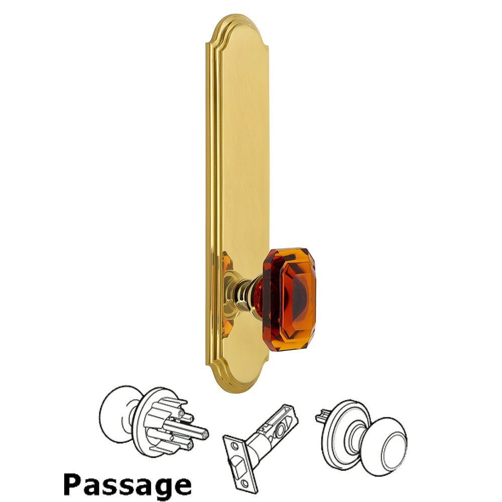 Grandeur Tall Plate Passage with Baguette Amber Knob in Lifetime Brass