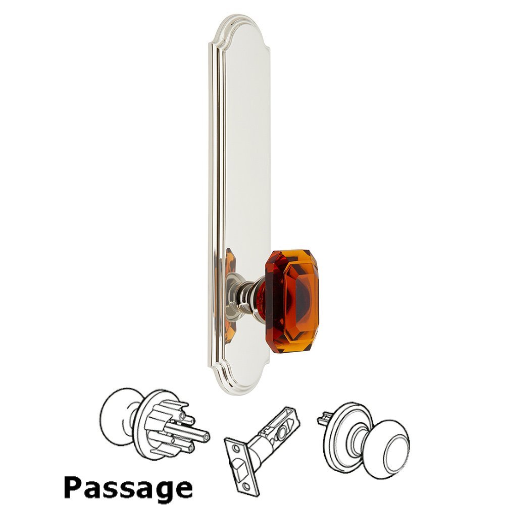 Grandeur Tall Plate Passage with Baguette Amber Knob in Polished Nickel