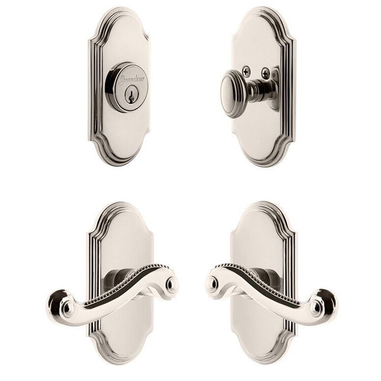 Grandeur Handleset - Arc Plate With Newport Lever & Matching Deadbolt In Polished Nickel