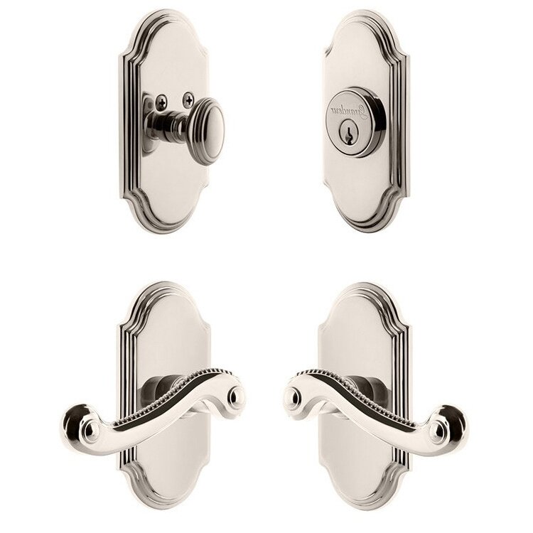Grandeur Handleset - Arc Plate With Newport Lever & Matching Deadbolt In Polished Nickel