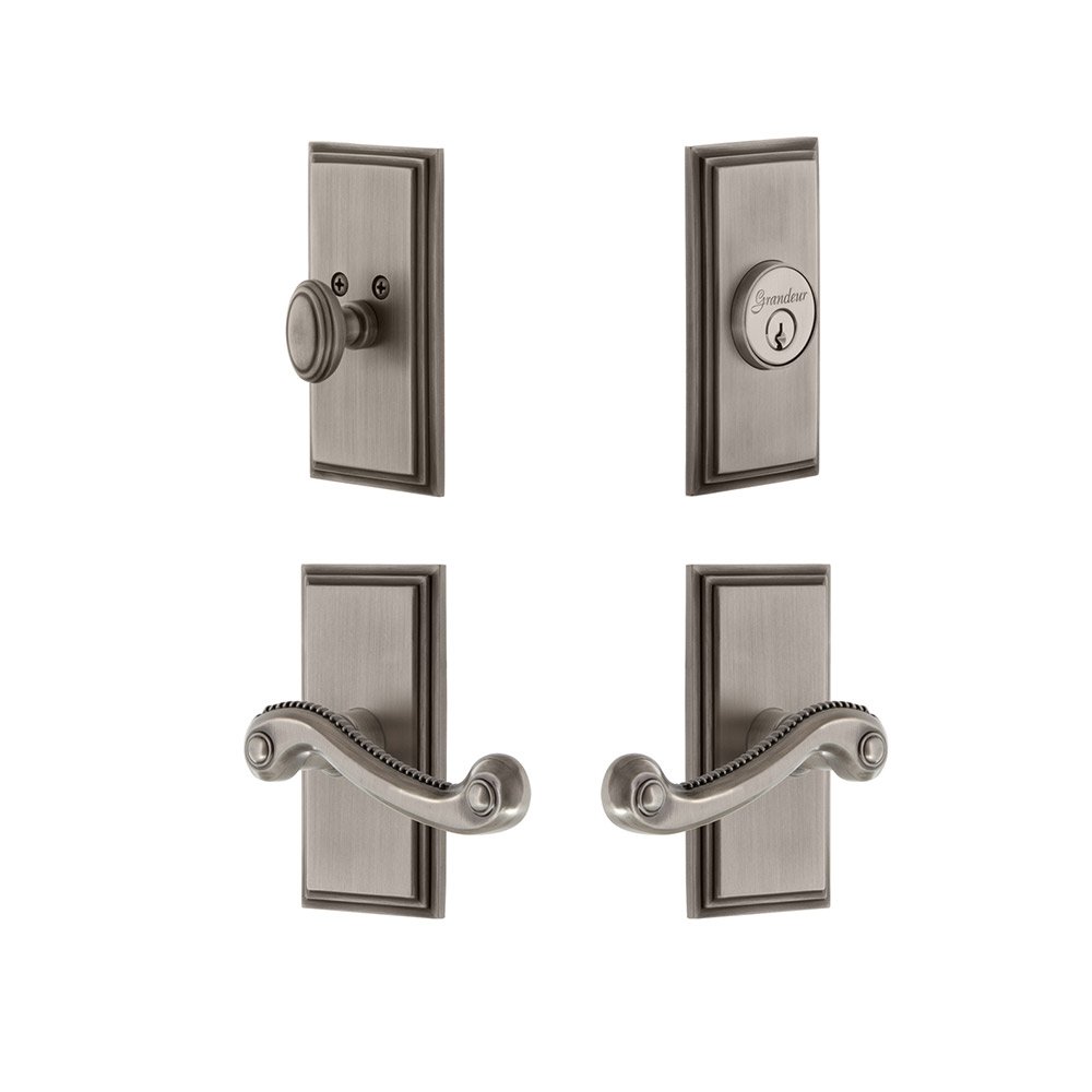 Grandeur Handleset - Carre Plate With Newport Lever & Matching Deadbolt In Antique Pewter