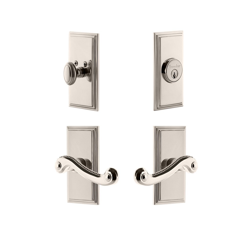 Grandeur Handleset - Carre Plate With Newport Lever & Matching Deadbolt In Polished Nickel