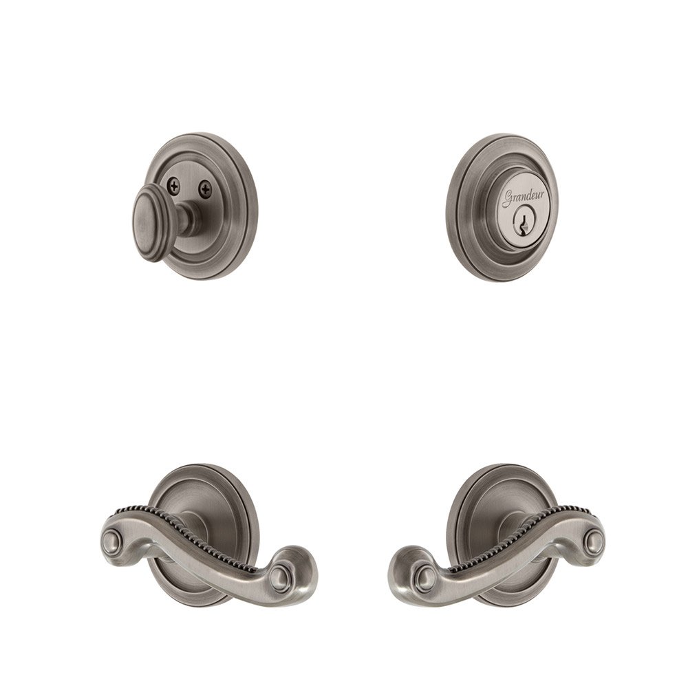 Grandeur Handleset - Circulaire Rosette With Newport Lever & Matching Deadbolt In Antique Pewter