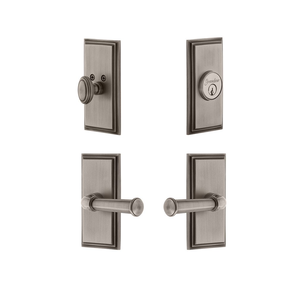Grandeur Handleset - Carre Plate With Georgetown Lever & Matching Deadbolt In Antique Pewter