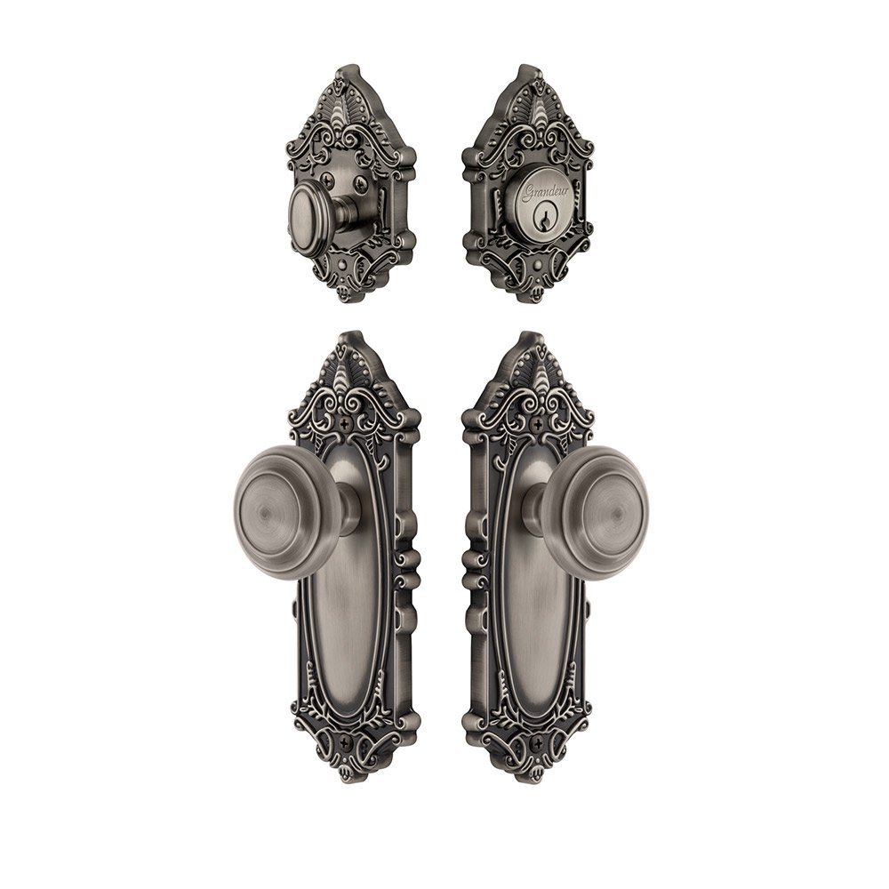 Grandeur Handleset - Grande Victorian Plate With Circulaire Knob & Matching Deadbolt In Antique Pewter