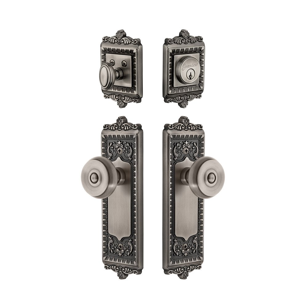 Grandeur Windsor Plate With Bouton Knob & Matching Deadbolt In Antique Pewter