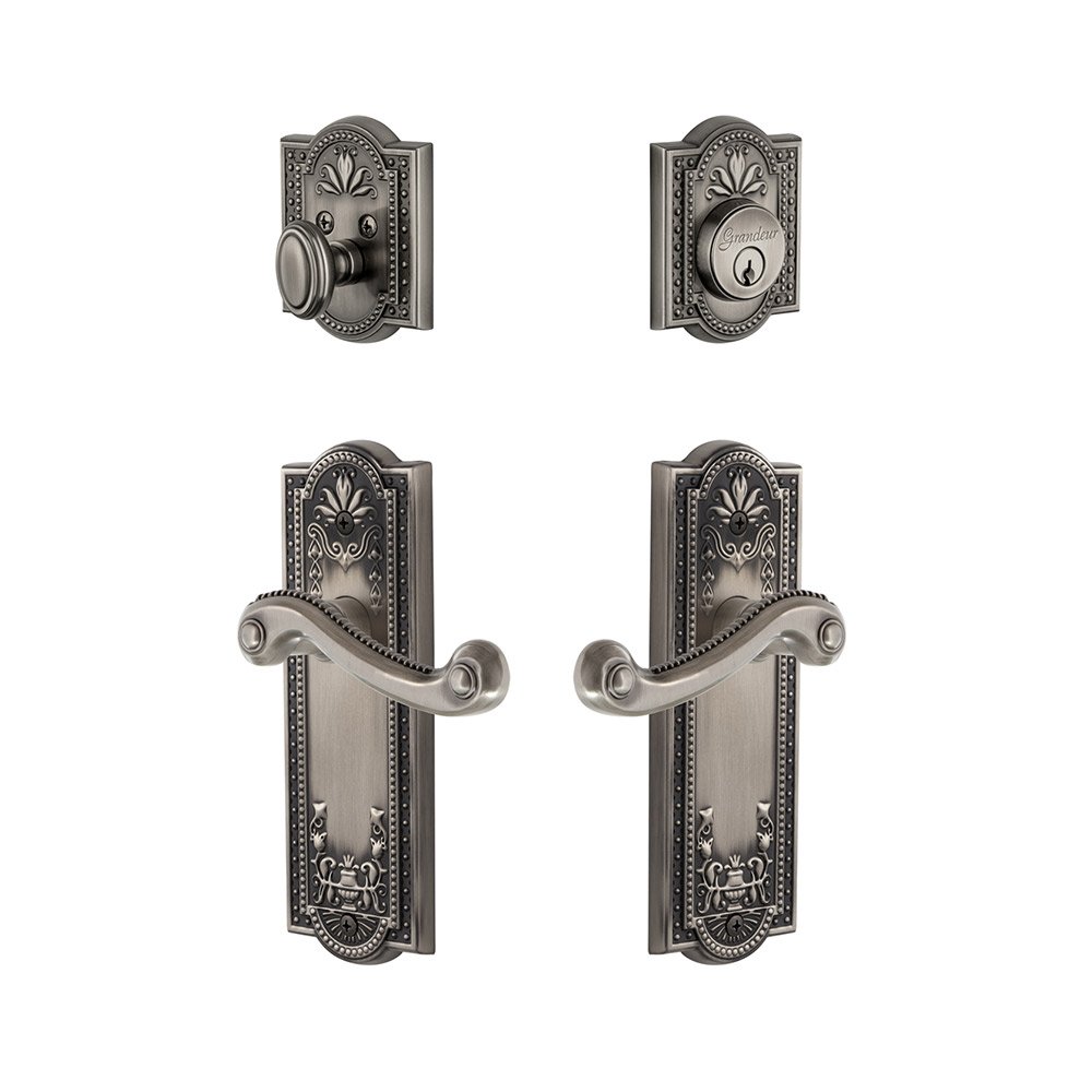 Grandeur Parthenon Plate With Newport Lever & Matching Deadbolt In Antique Pewter