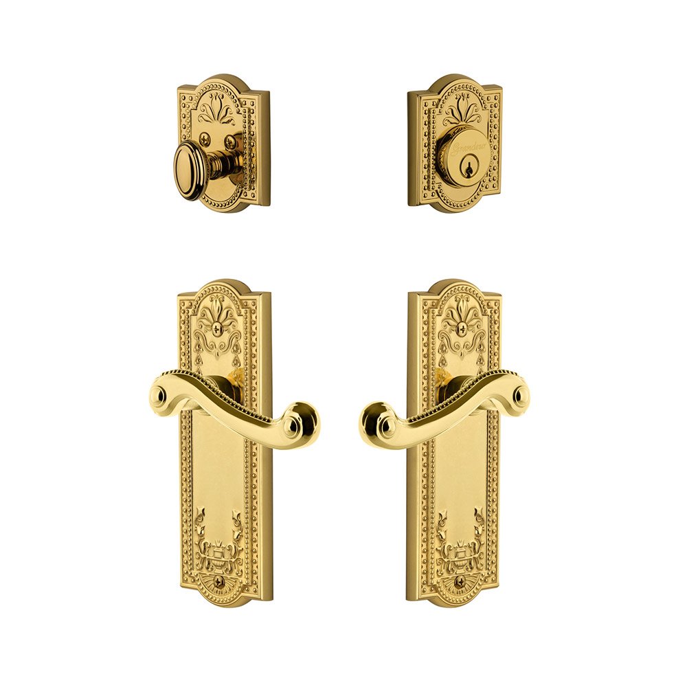 Grandeur Parthenon Plate With Newport Lever & Matching Deadbolt In Lifetime Brass