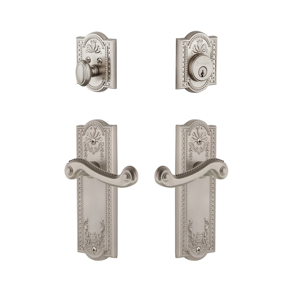 Grandeur Parthenon Plate With Newport Lever & Matching Deadbolt In Satin Nickel