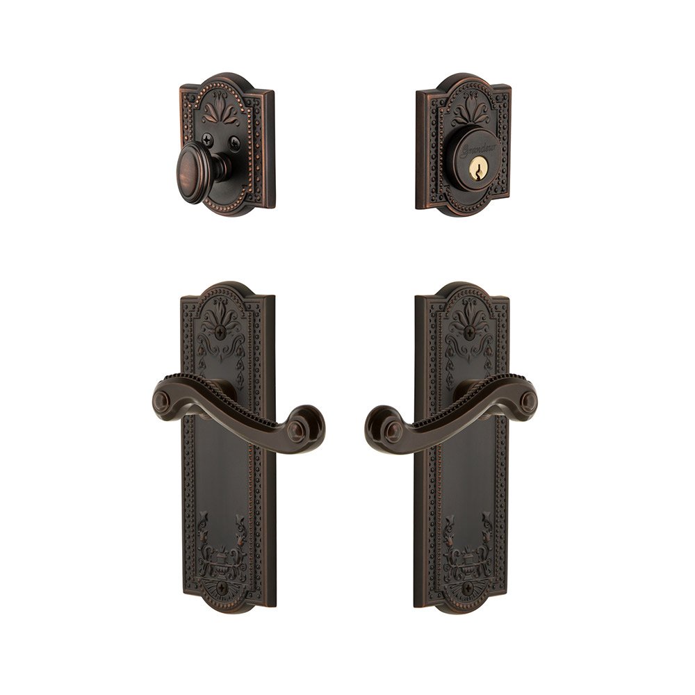 Grandeur Parthenon Plate With Newport Lever & Matching Deadbolt In Timeless Bronze