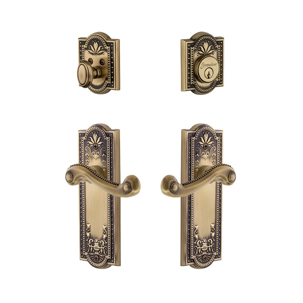 Grandeur Parthenon Plate With Newport Lever & Matching Deadbolt In Vintage Brass