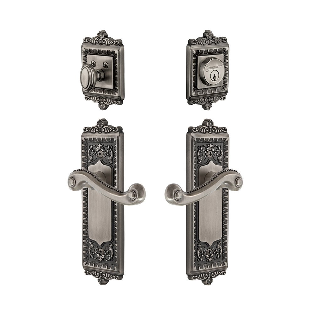 Grandeur Windsor Plate With Newport Lever & Matching Deadbolt In Antique Pewter