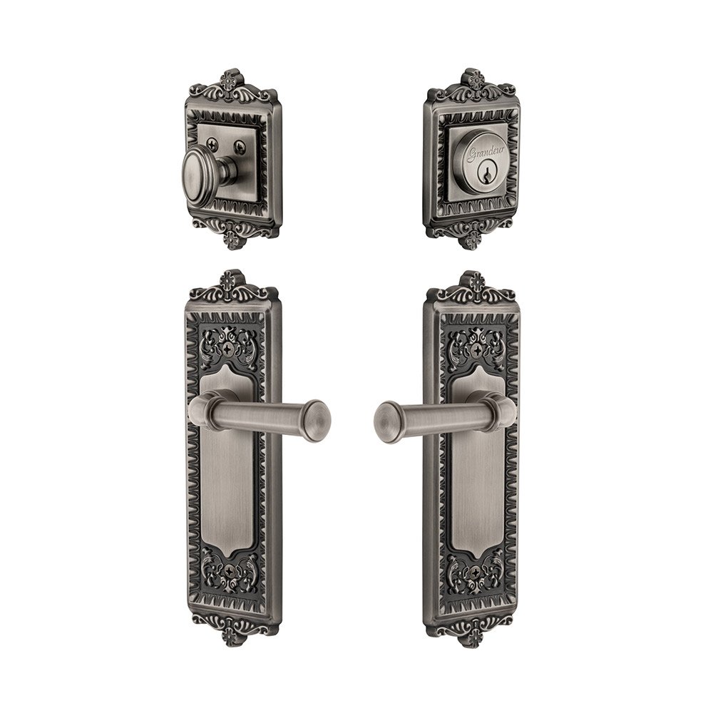 Grandeur Windsor Plate With Georgetown Lever & Matching Deadbolt In Antique Pewter