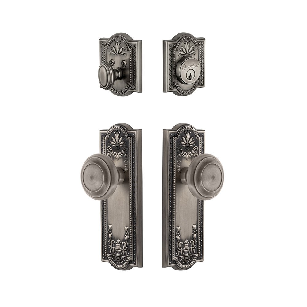Grandeur Parthenon Plate With Circulaire Knob & Matching Deadbolt In Antique Pewter