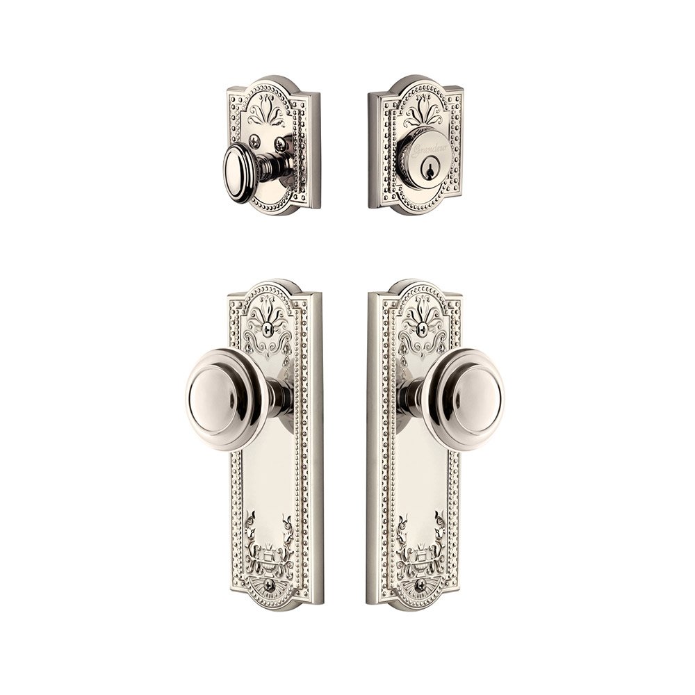 Grandeur Parthenon Plate With Circulaire Knob & Matching Deadbolt In Polished Nickel