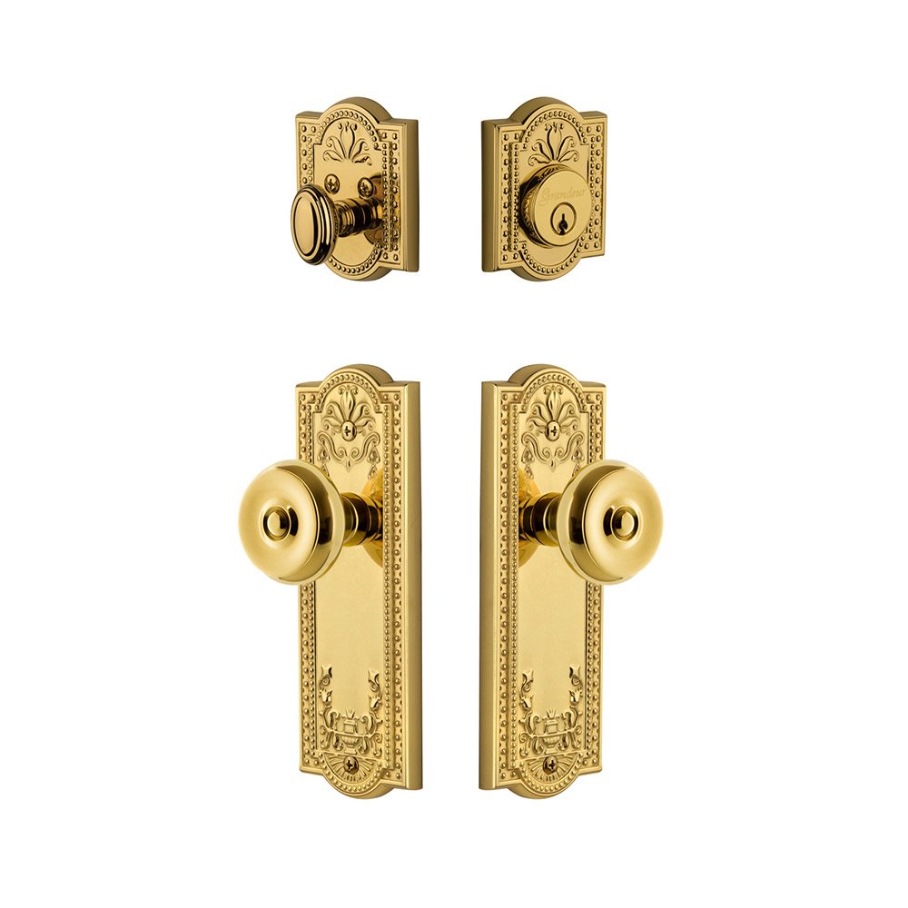 Grandeur Parthenon Plate With Bouton Knob & Matching Deadolt In Lifetime Brass