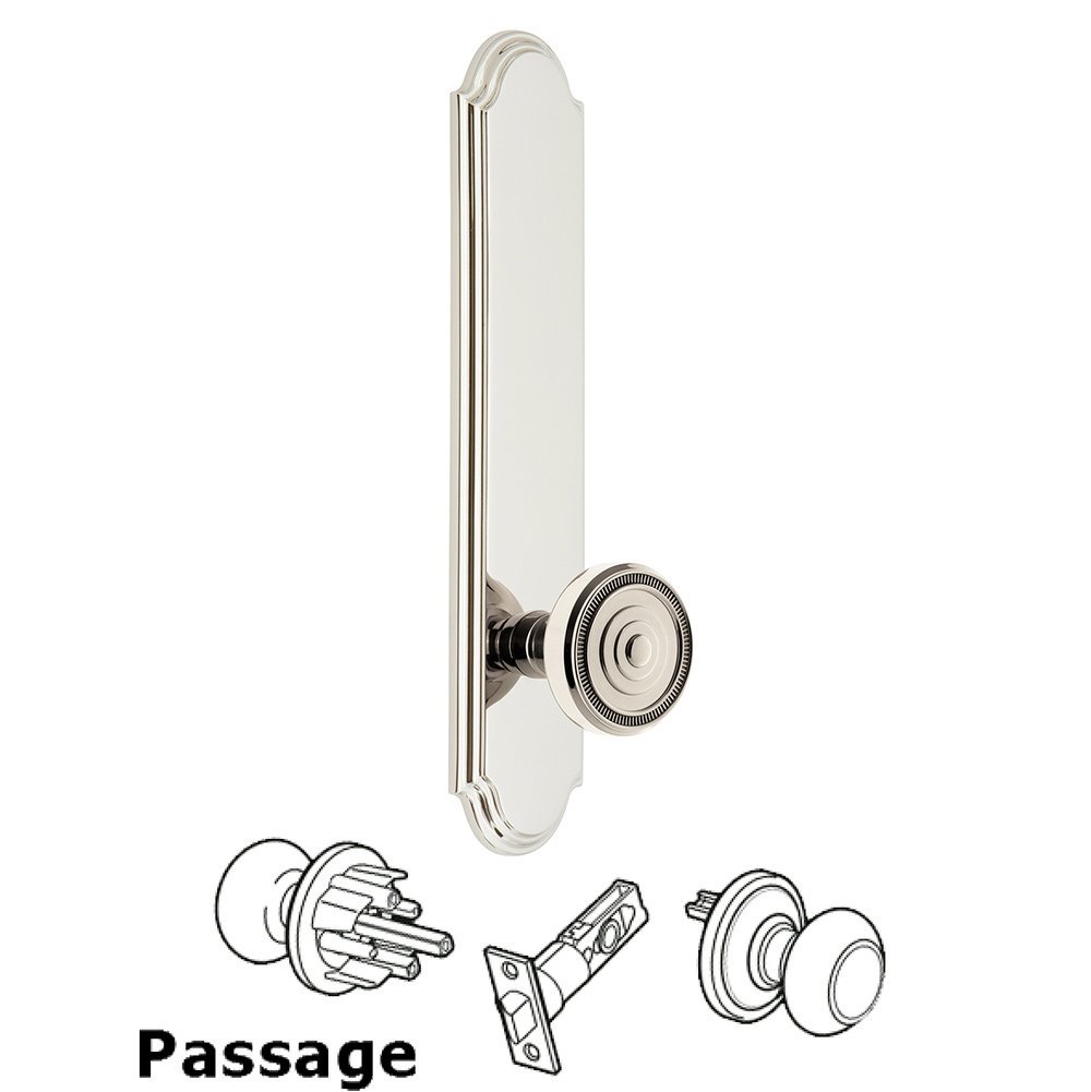 Grandeur Tall Plate Passage with Soleil Knob in Polished Nickel