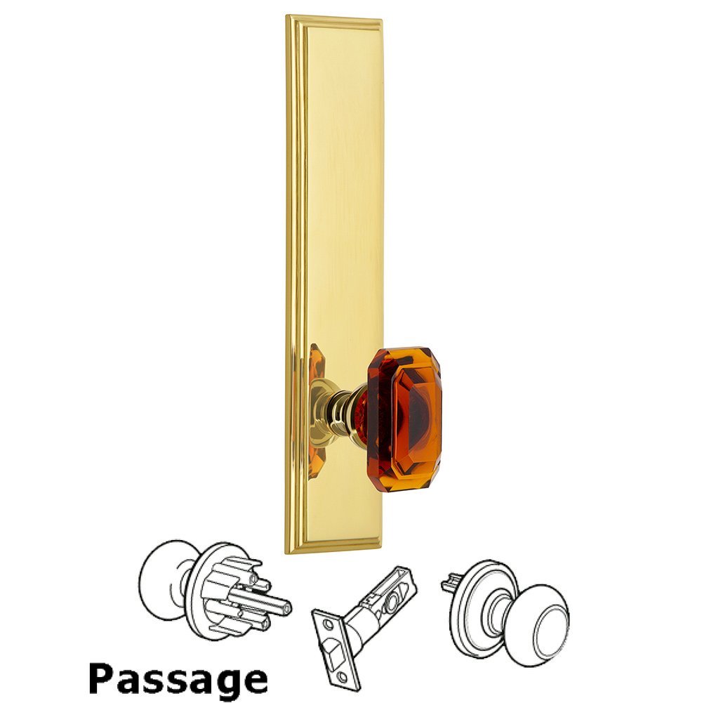 Grandeur Passage Carre Tall Plate with Baguette Amber Knob in Lifetime Brass