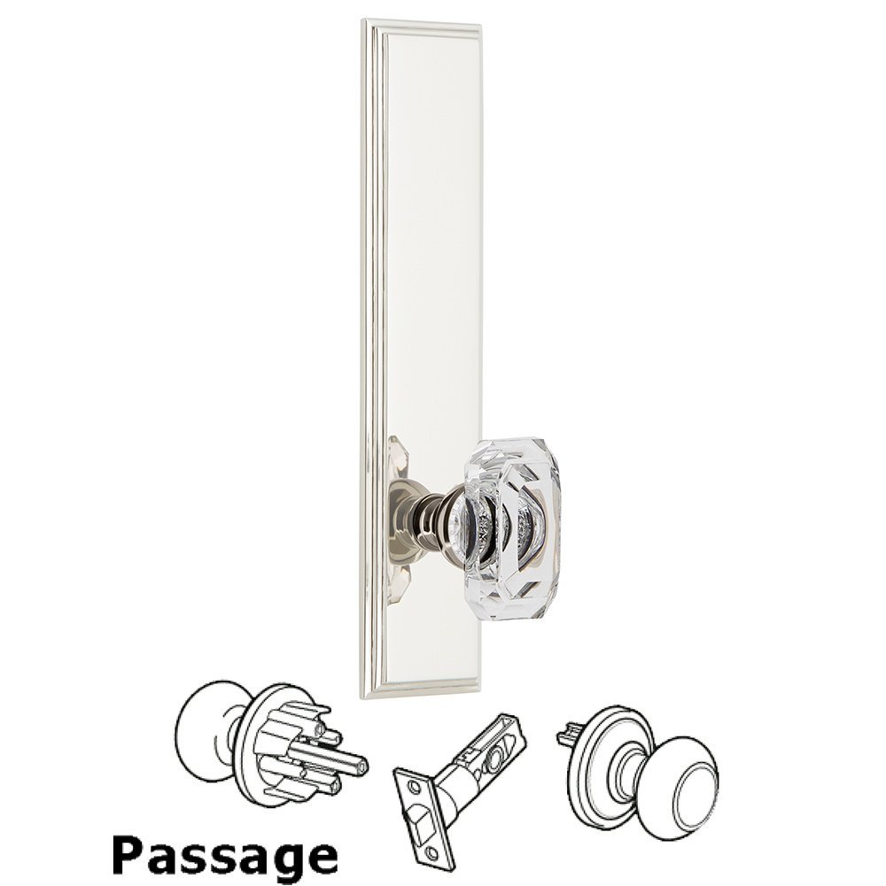 Grandeur Passage Carre Tall Plate with Baguette Clear Crystal Knob in Polished Nickel