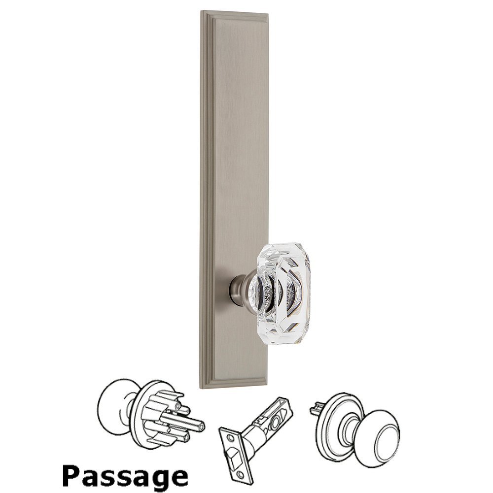 Grandeur Passage Carre Tall Plate with Baguette Clear Crystal Knob in Satin Nickel